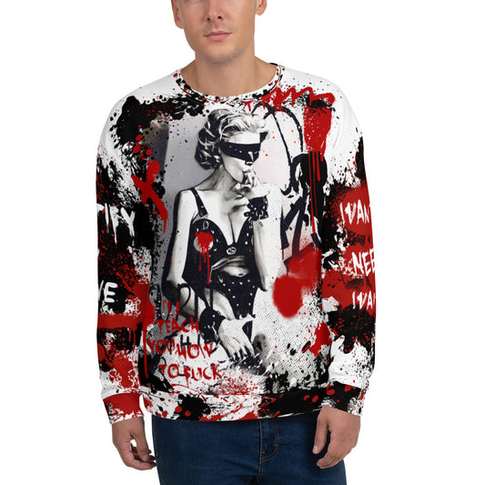 Shop the provocative 'I'll Teach You How To Fuck' unisex sweatshirt featuring an artist rendering of Madonna and edgy black, white, and red graffiti from the Justify My Love era. Make a bold statement with this unique and artistic sweatshirt.