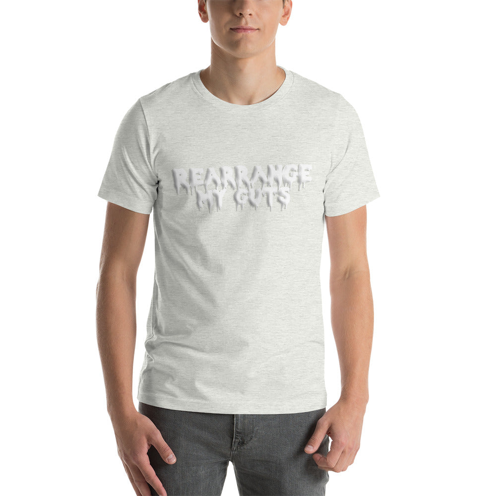 Shop the 'Rearrange My Guts' unisex t-shirt, a vibrant and empowering fashion choice for gay bottoms and individuals within the LGBTQ community.