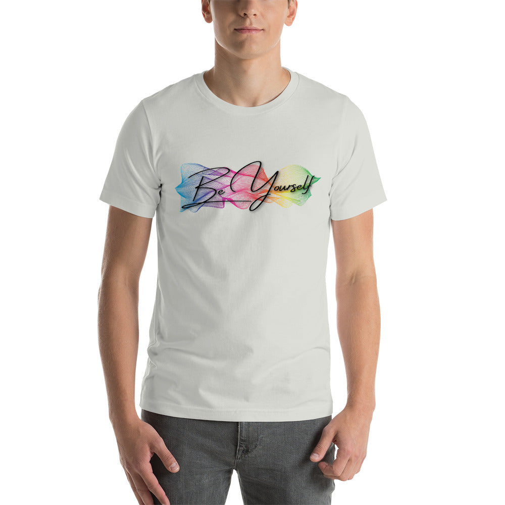 Stand tall and proud with the 'Be Yourself' unisex t-shirt by Moody Booty Apparel, displaying the vivid gay pride colors. Embrace your authentic self and support LGBTQ pride with this trendy shirt.