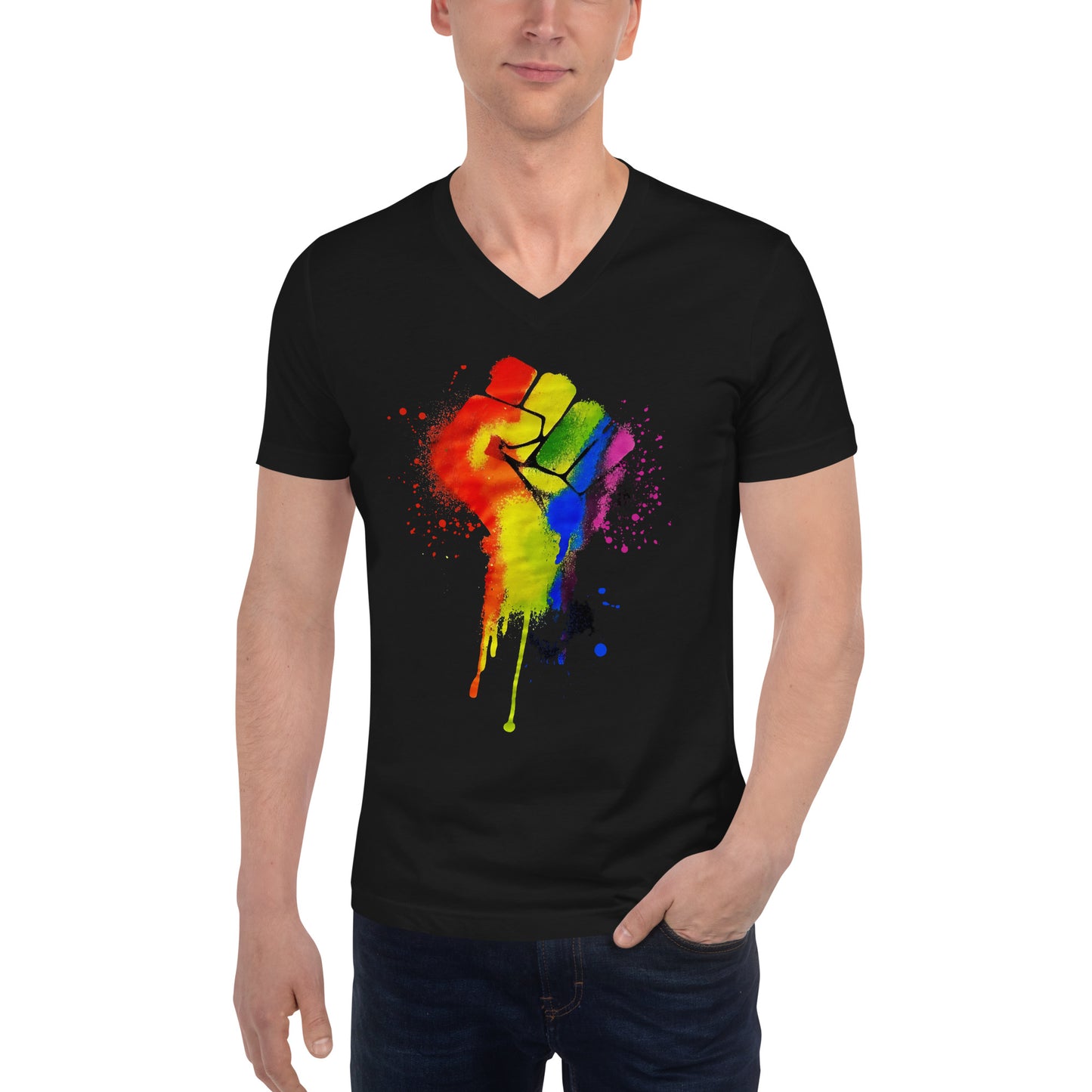 LGBTQ+ Pride Fist - Unisex Short Sleeve V-Neck T-Shirt