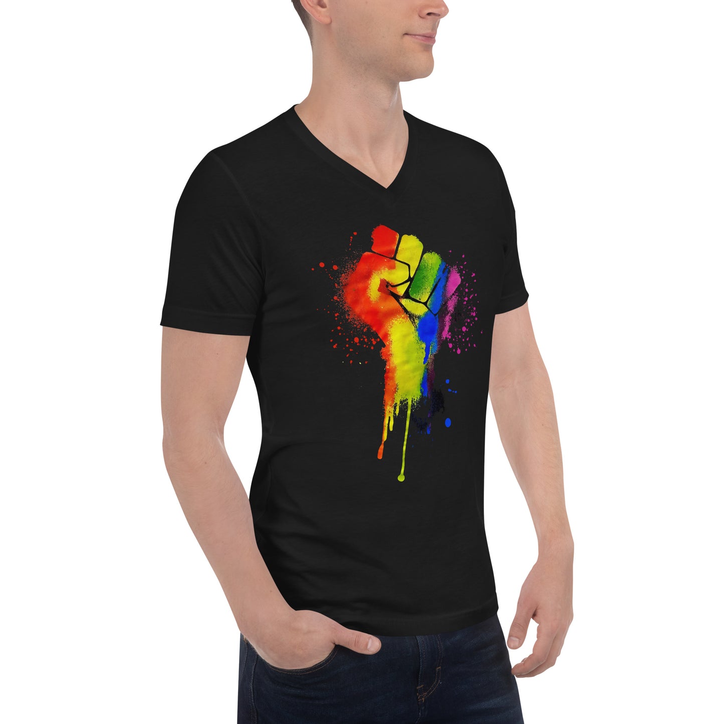 LGBTQ+ Pride Fist - Unisex Short Sleeve V-Neck T-Shirt