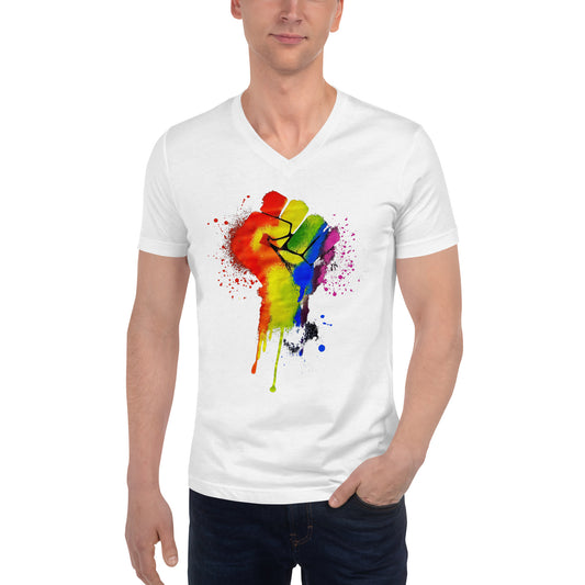 LGBTQ+ Pride Fist - Unisex Short Sleeve V-Neck T-Shirt