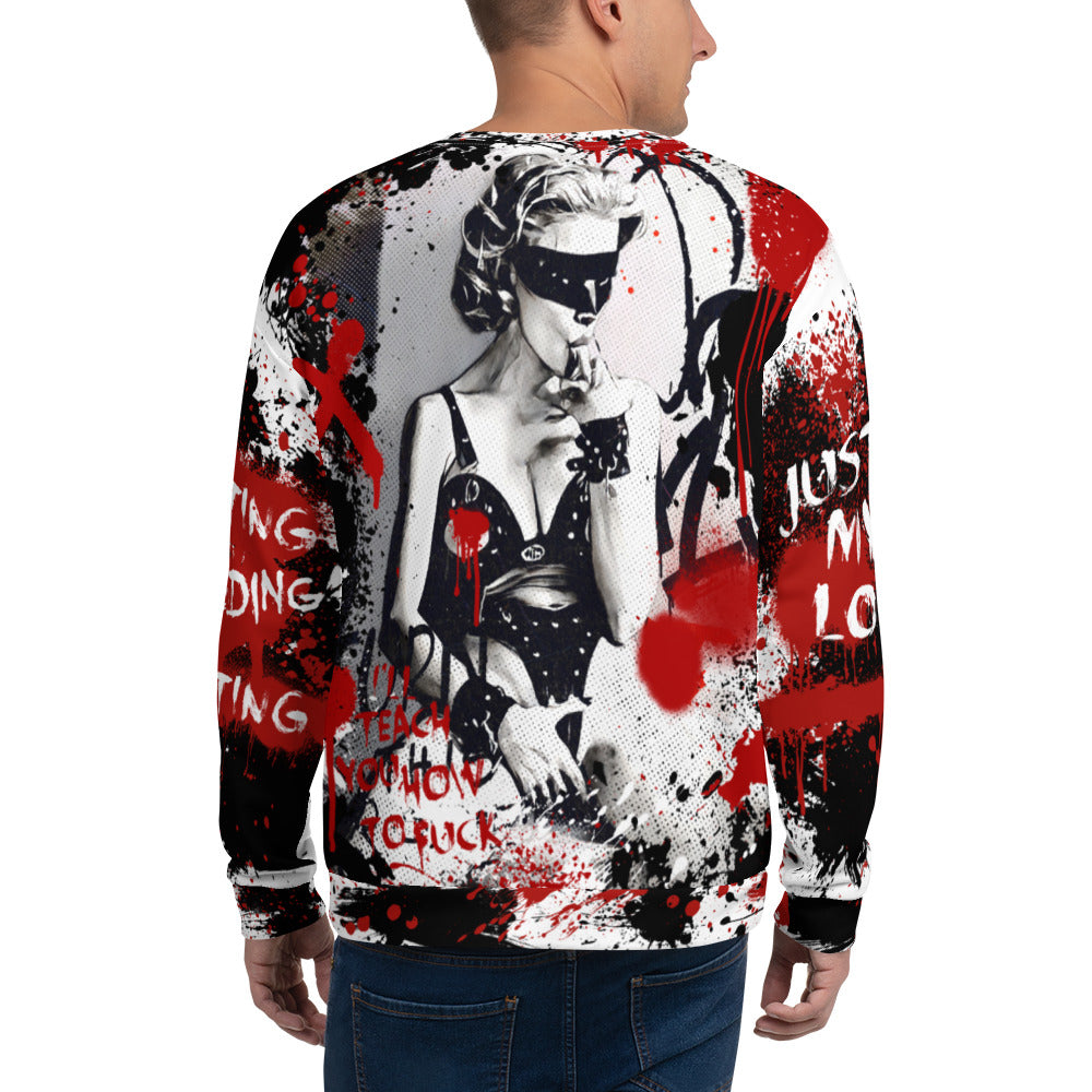 Express your boldness with the 'I'll Teach You How To Fuck' unisex sweatshirt, showcasing an artist rendering of Madonna and vibrant black, white, and red graffiti from the iconic Justify My Love era. Embrace your individuality with this edgy and stylish sweatshirt.