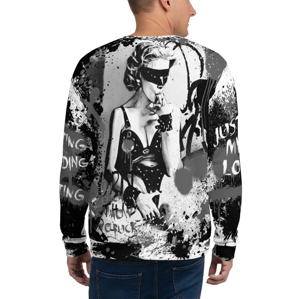 Unisex sweatshirt with graffiti and artist rendering of Madonna from the Justify My Love era. Express your boldness and style with the 'I'll Teach You How To Fuck' sweatshirt, a unique tribute to Madonna.