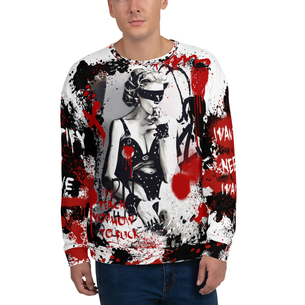 Shop the provocative 'I'll Teach You How To Fuck' unisex sweatshirt featuring an artist rendering of Madonna and edgy black, white, and red graffiti from the Justify My Love era. Make a bold statement with this unique and artistic sweatshirt.