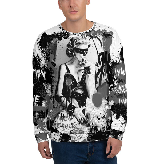 Shop the 'I'll Teach You How To Fuck' unisex sweatshirt featuring a graffiti design and artist rendering of Madonna from the Justify My Love era. Make a bold statement with this edgy and iconic sweatshirt.