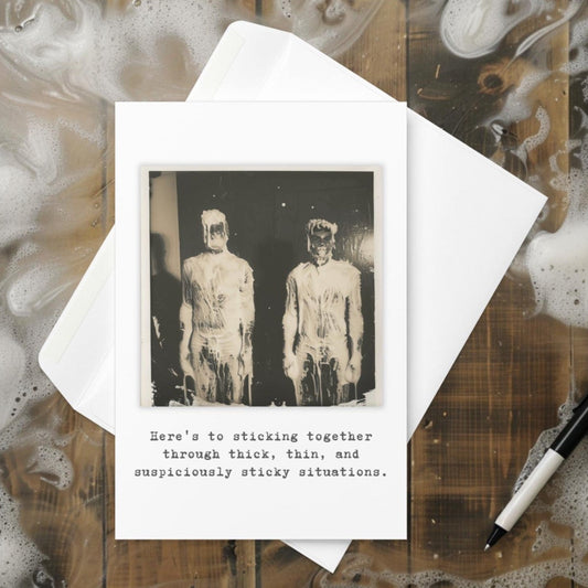 Here's to sticking together through thick, thin, and suspiciously sticky situations - Greeting card