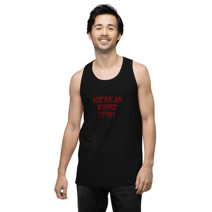 Shop the 'American Whore Story' distressed red lettering unisex premium tank top by Moody Booty Apparel. Embrace irreverent humor and LGBTQ pride with this trendy graphic shirt. Ideal for individuals seeking unique and inclusive fashion.
