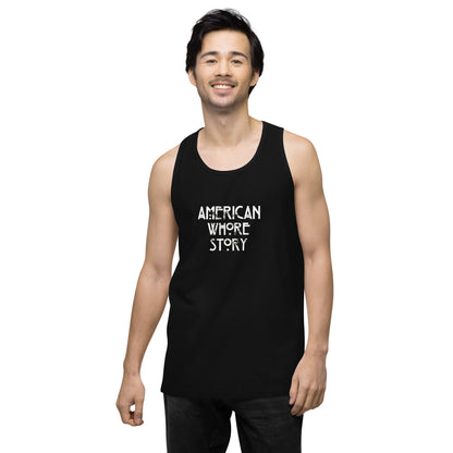 Shop the 'American Whore Story' distressed white lettering unisex premium tank top by Moody Booty Apparel. Trendy and humorous LGBTQ-themed graphic shirt, perfect for expressing irreverent style. Embrace pride and stand out with this eye-catching design.