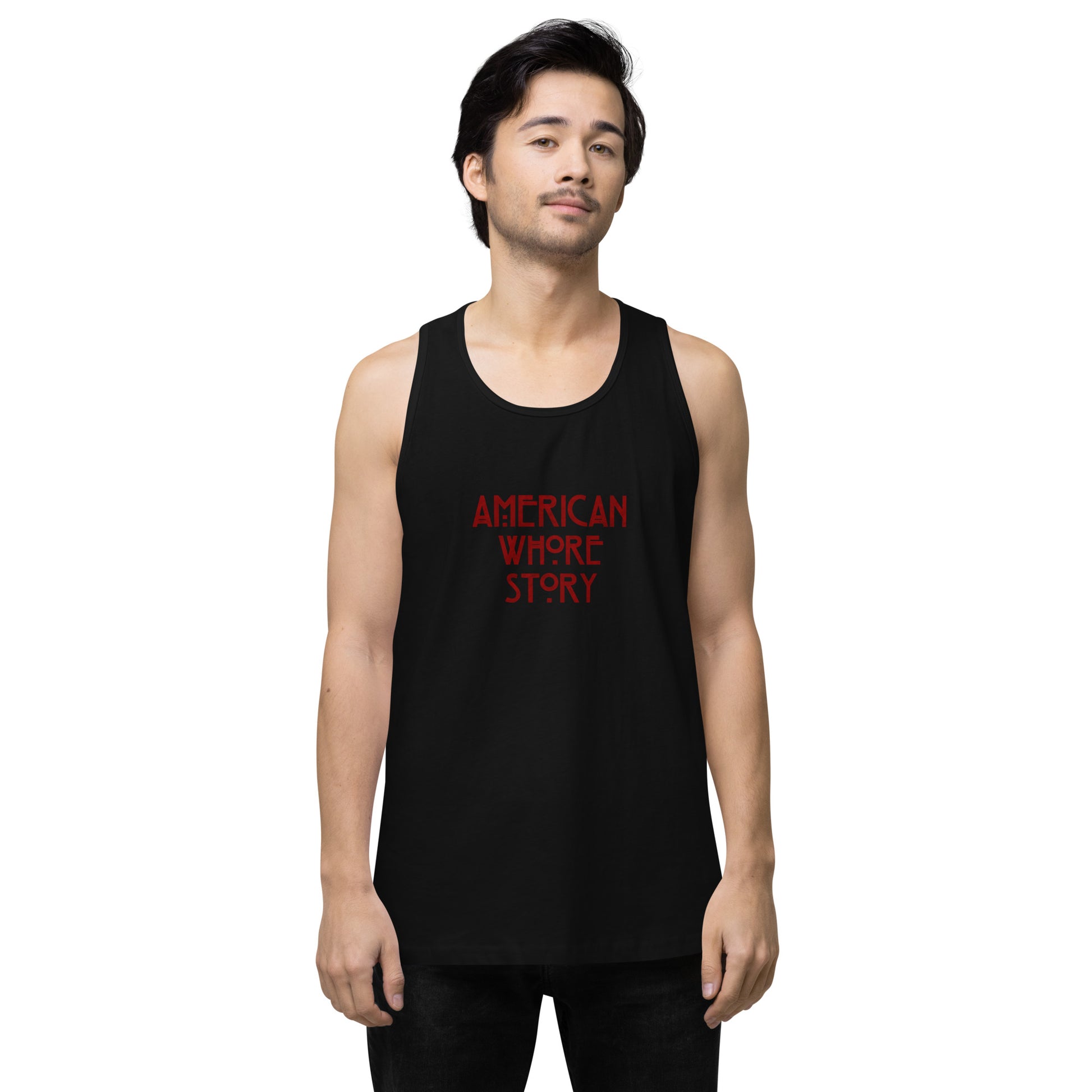 Unisex premium tank top by Moody Booty Apparel featuring 'American Whore Story' distressed red lettering. Trendy LGBTQ-themed graphic shirt with irreverent humor, perfect for gay, queer, and LGBTQ individuals. Make a bold statement with this fashionable and inclusive design.