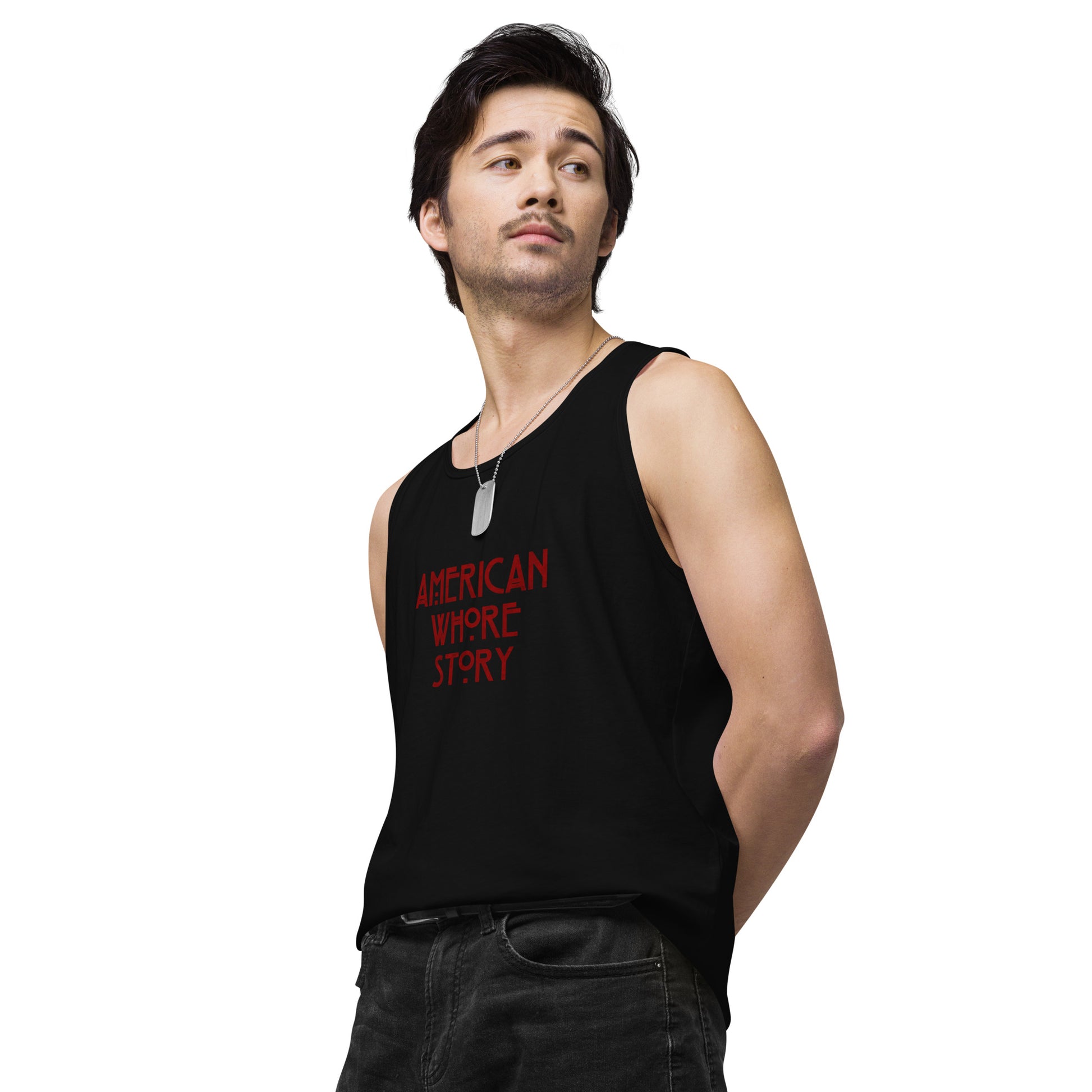 Discover the edgy 'American Whore Story' distressed red lettering unisex premium tank top from Moody Booty Apparel. Unleash your irreverent side with this LGBTQ-themed graphic shirt. Stand out and show your gay pride with this bold and fashionable piece.