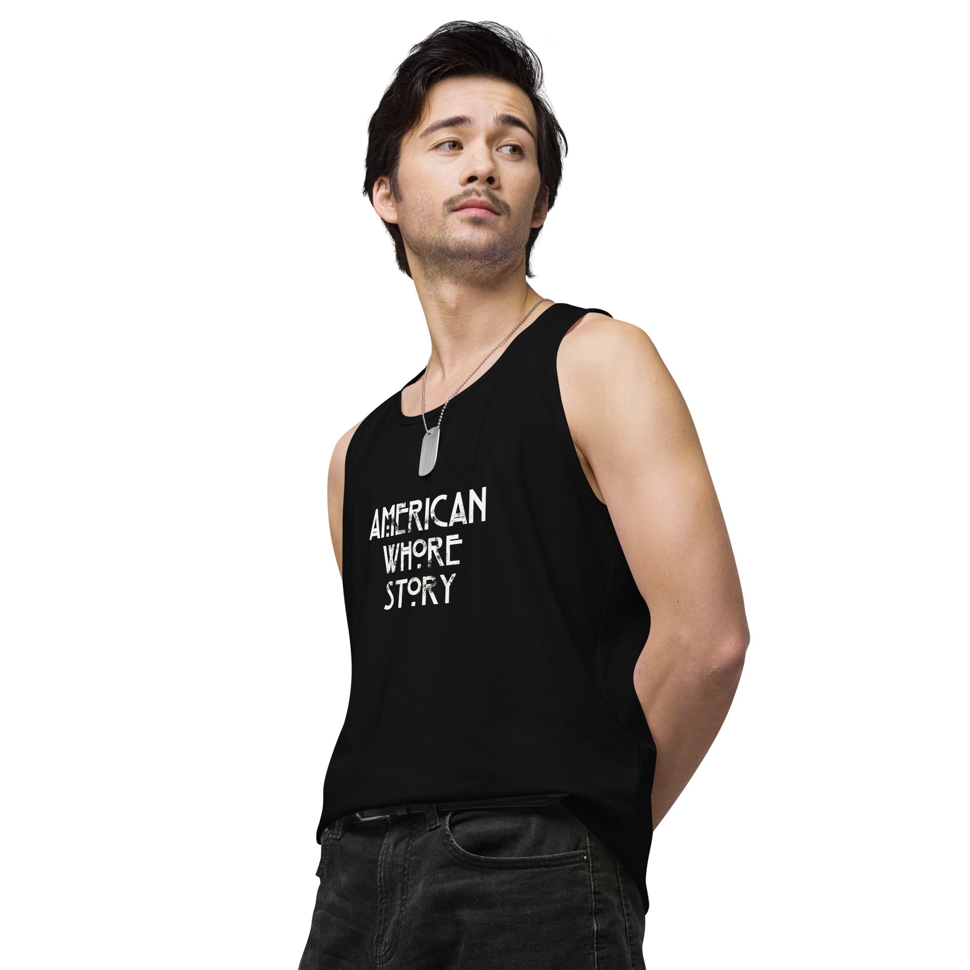 Unleash your sass with the 'American Whore Story' distressed white lettering unisex premium tank top by Moody Booty Apparel. This trendy LGBTQ-themed graphic shirt combines irreverence and humor. Show your pride with this bold and fashionable piece.