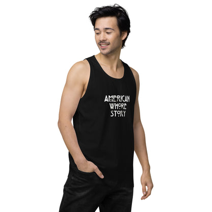 Discover the edgy 'American Whore Story' distressed white lettering unisex premium tank top from Moody Booty Apparel. Unleash your irreverent side with this LGBTQ-themed graphic shirt. Ideal for gay, queer, and LGBTQ individuals looking for statement fashion.
