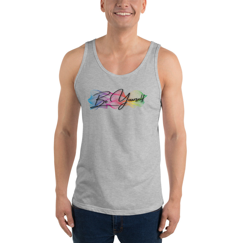 Shop the 'Be Yourself' unisex tank top by Moody Booty Apparel, showcasing the vibrant colors of gay pride. Make a statement and celebrate authenticity with this fashionable LGBTQ-themed tank top.