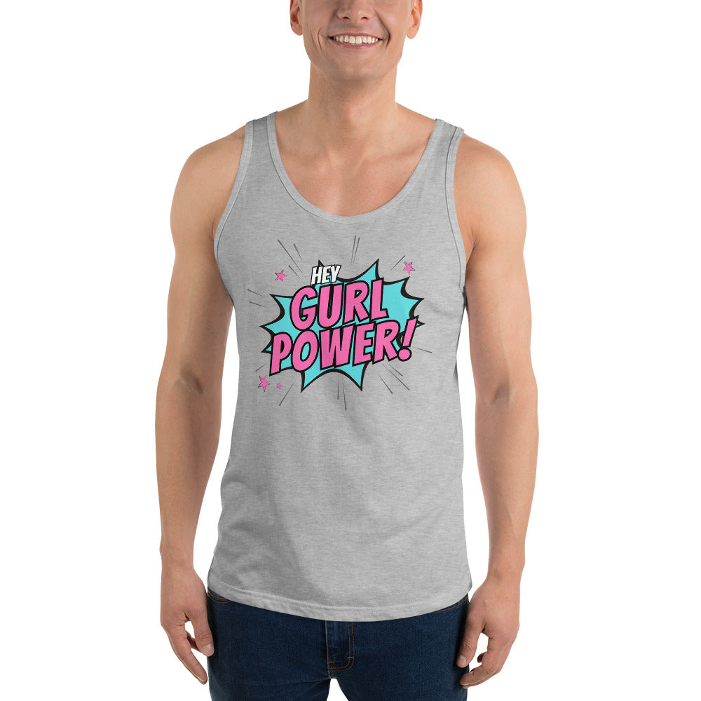 Shop the vibrant 'Hey Gurl Power' unisex tank top, a fashion-forward statement for gay men and the LGBTQ community. Flaunt your style and show your power with this inclusive and trendy tank top.