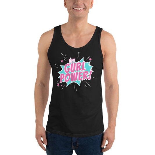 Shop the empowering 'Hey Gurl Power' unisex tank top, a vibrant fashion choice for gay men and the LGBTQ community. Embrace your strength and style with this inclusive and trendy tank top.