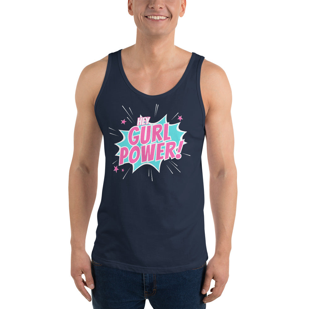 Express your confidence with the 'Hey Gurl Power' unisex tank top, designed to empower and inspire gay men and individuals within the LGBTQ community. Make a statement with this bold and inclusive fashion piece.