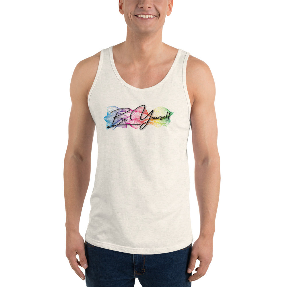 Unisex tank top by Moody Booty Apparel featuring 'Be Yourself' design with vibrant gay pride colors. Embrace self-expression and LGBTQ pride with this inclusive and stylish tank top.