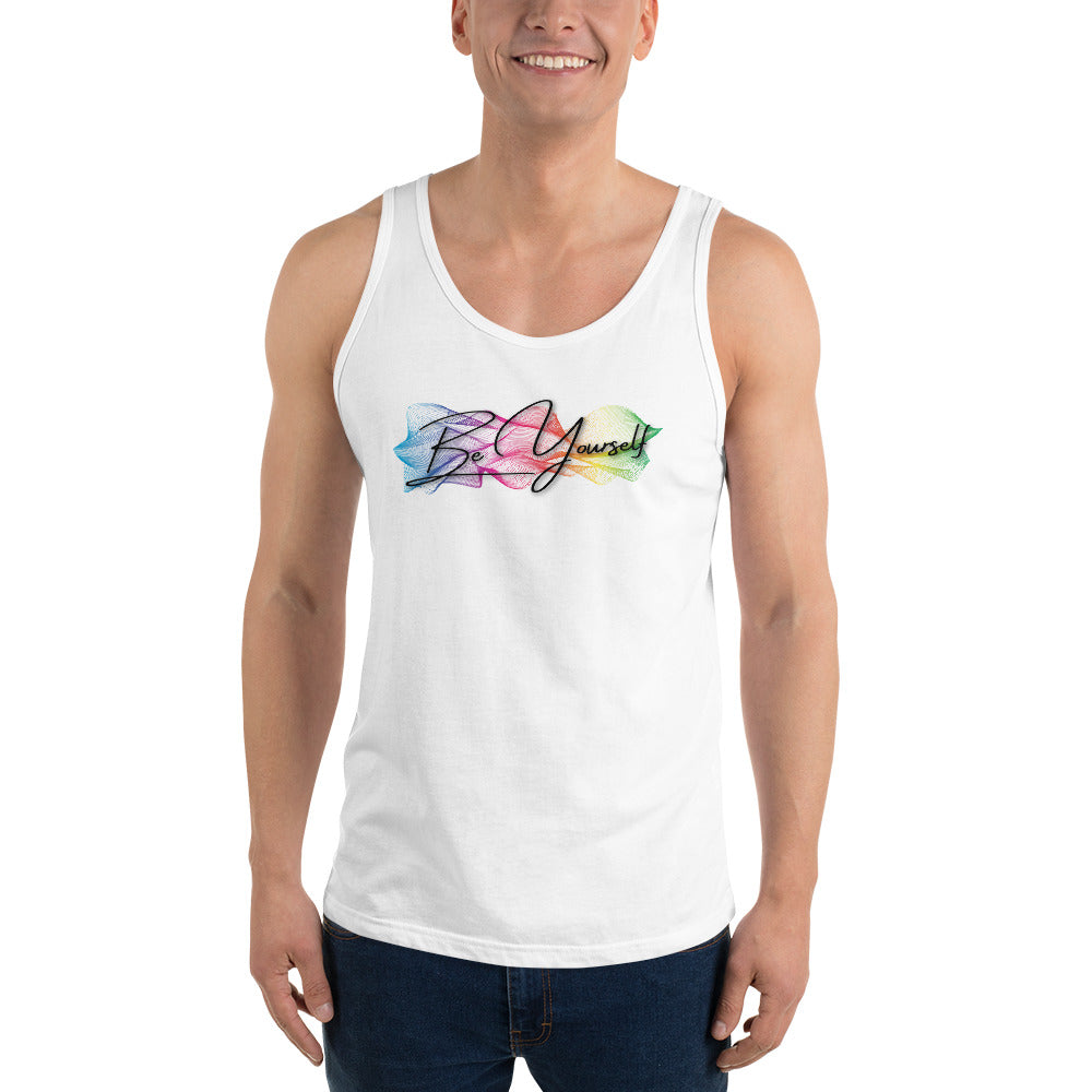 Discover the colorful 'Be Yourself' unisex tank top by Moody Booty Apparel. Show your support for LGBTQ pride with this vibrant and inclusive tank top, perfect for embracing individuality.