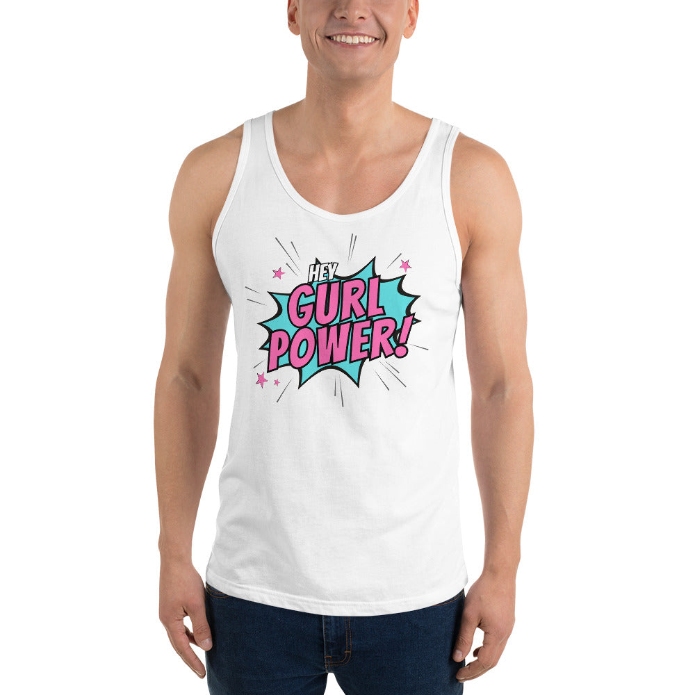 Celebrate your unique identity with the 'Hey Gurl Power' unisex tank top, a symbol of empowerment and confidence for gay men and individuals within the LGBTQ community. Embrace your true self with this stylish and inclusive fashion piece.