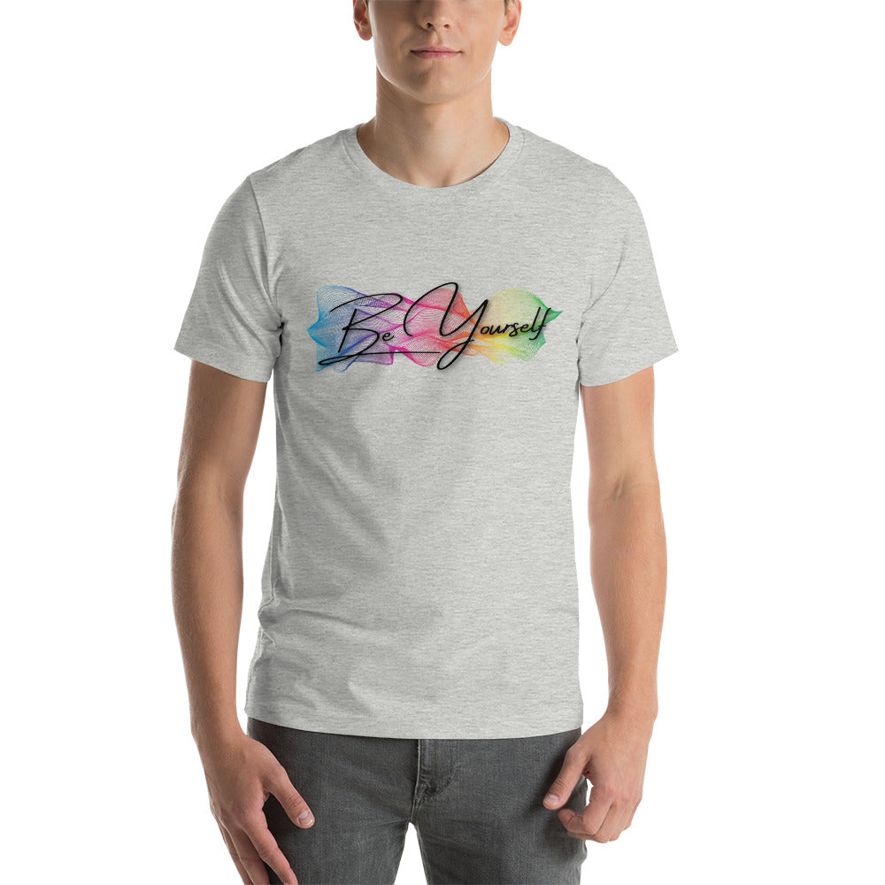 Unisex t-shirt by Moody Booty Apparel featuring 'Be Yourself' design with vibrant gay pride colors. Celebrate LGBTQ pride with this inclusive and stylish graphic tee.