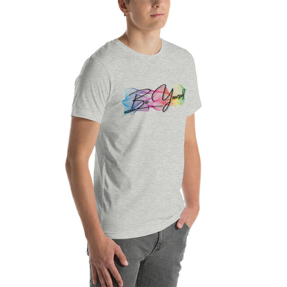 Get inspired by the 'Be Yourself' unisex t-shirt by Moody Booty Apparel, adorned with the lively gay pride colors. Celebrate inclusivity and self-expression with this stylish graphic tee.