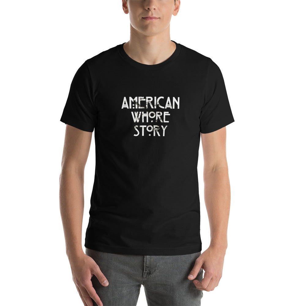 Unisex T-shirt by Moody Booty Apparel featuring 'American Whore Story' distressed white lettering. Trendy LGBTQ-themed graphic tee with irreverent humor, perfect for gay, queer, and LGBTQ individuals. Make a bold statement with this fashionable and inclusive design.