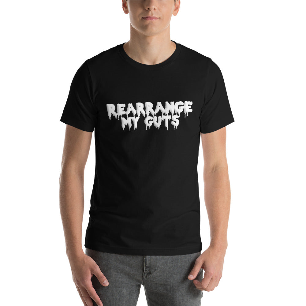 Make a bold statement with the 'Rearrange My Guts' unisex t-shirt, embracing the desires of gay bottoms and promoting self-expression within the LGBTQ community.