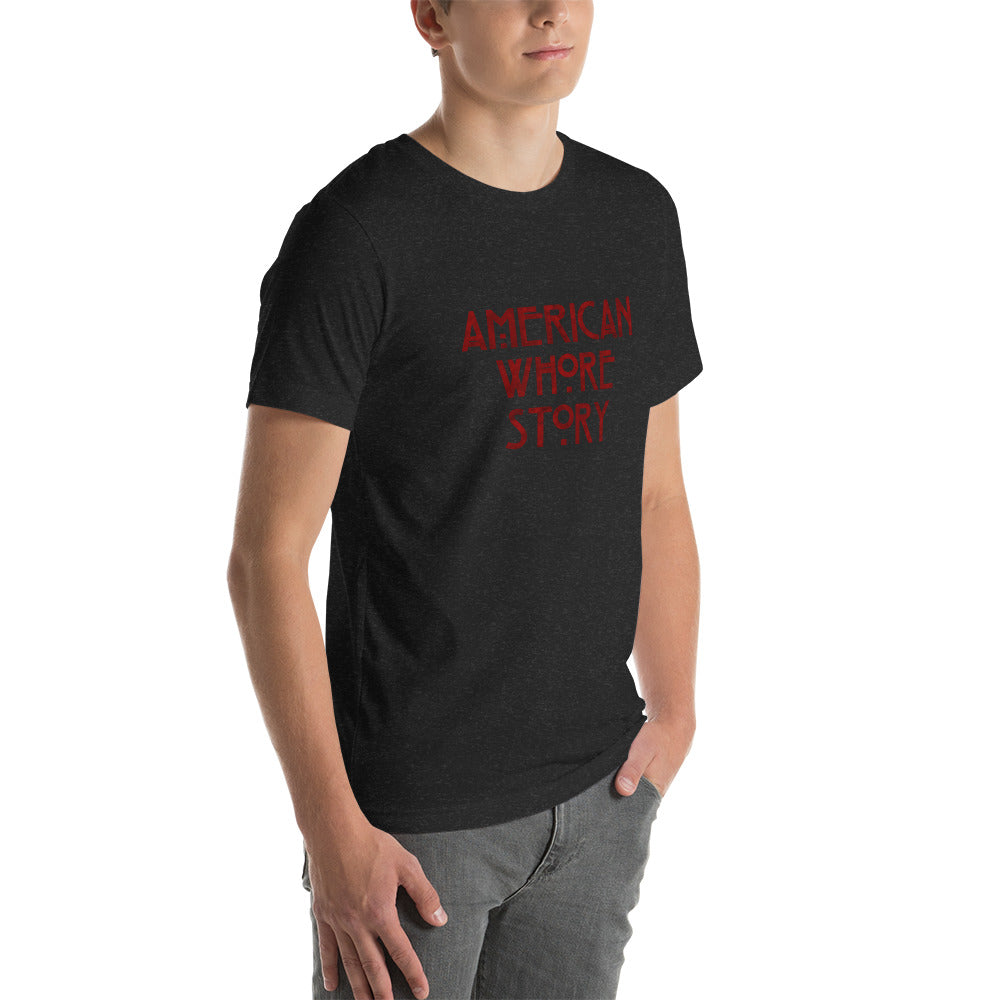Discover the edgy 'American Whore Story' distressed red lettering unisex short sleeve T-shirt from Moody Booty Apparel. Unleash your irreverent side with this LGBTQ-themed graphic shirt. Stand out and show your pride with this bold and stylish piece of clothing.