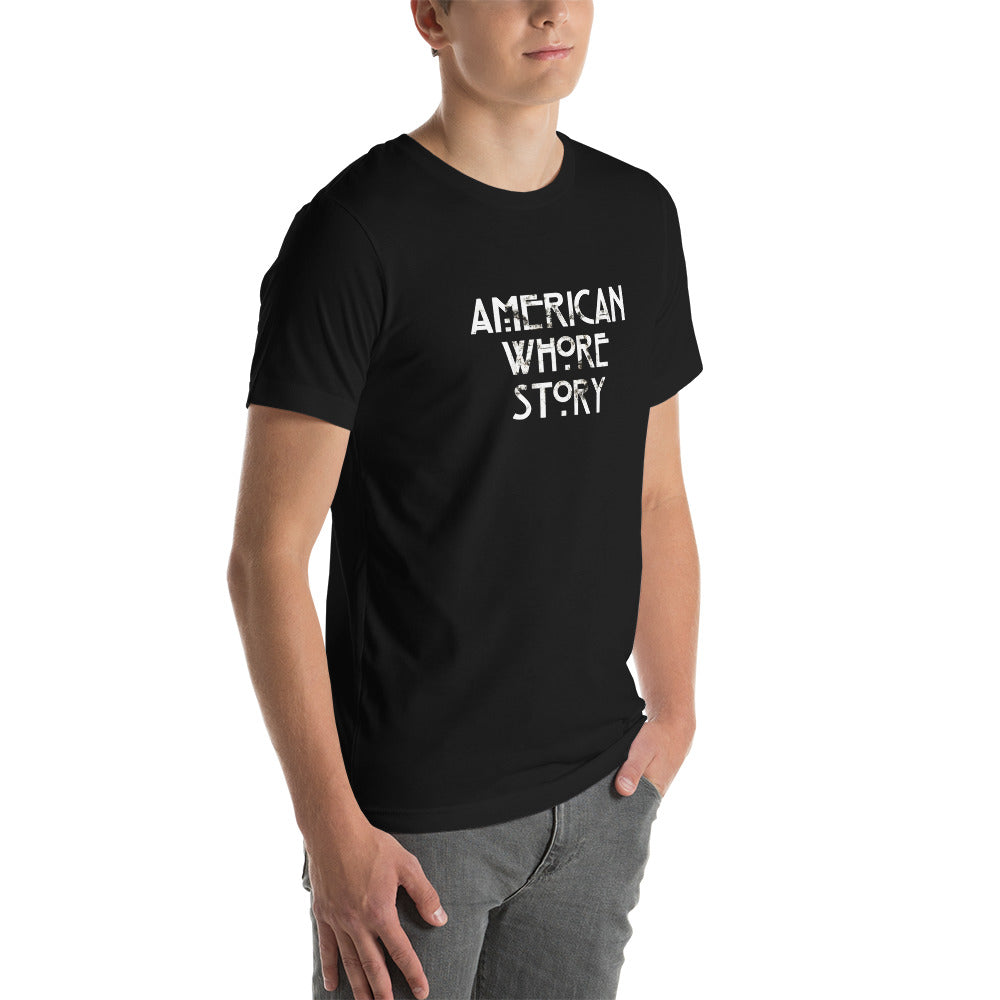 Shop the 'American Whore Story' distressed white lettering unisex T-shirt by Moody Booty Apparel. Embrace irreverent humor and LGBTQ pride with this trendy graphic tee. Ideal for individuals seeking unique and inclusive fashion.