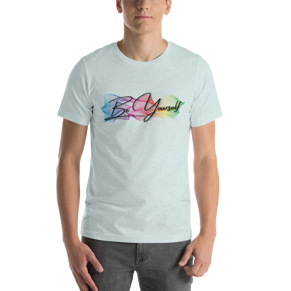 Celebrate diversity with the 'Be Yourself' unisex t-shirt by Moody Booty Apparel, adorned with the colorful gay pride palette. Make a statement and express your pride with this inclusive graphic tee.