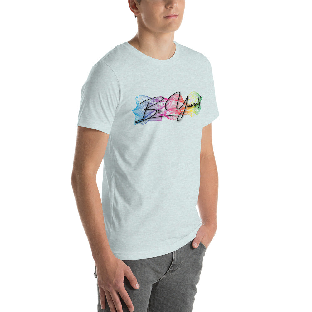 Stand tall and proud with the 'Be Yourself' unisex t-shirt by Moody Booty Apparel, displaying the vivid gay pride colors. Embrace your authentic self and support LGBTQ pride with this trendy shirt.