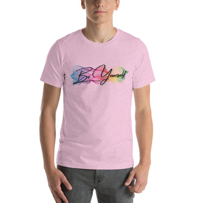 Shop the 'Be Yourself' unisex t-shirt by Moody Booty Apparel, showcasing the vibrant colors of gay pride. Make a statement and embrace your true self with this fashionable LGBTQ-themed shirt.