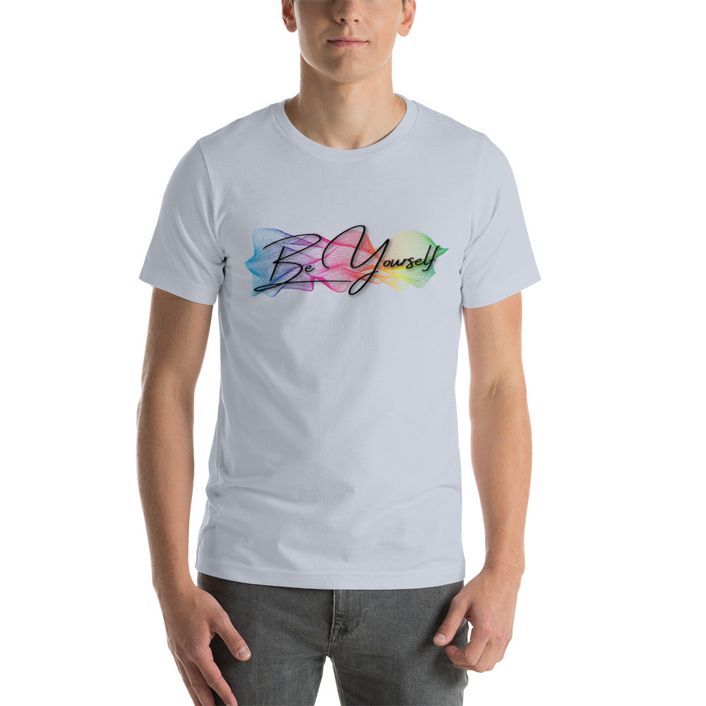 Make a splash with the 'Be Yourself' unisex t-shirt by Moody Booty Apparel, showcasing the dynamic colors of LGBTQ pride. Stand out and show your true colors with this fashionable shirt