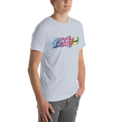 Rock the 'Be Yourself' unisex t-shirt by Moody Booty Apparel, featuring the bold and vibrant gay pride colors. Embrace your uniqueness and support LGBTQ pride with this eye-catching graphic tee.