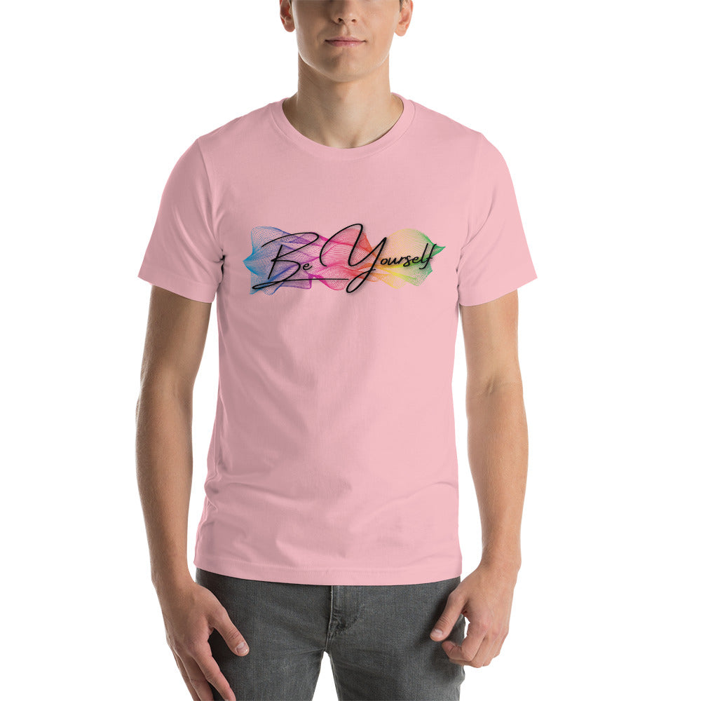 Unleash your authenticity with the 'Be Yourself' unisex t-shirt by Moody Booty Apparel, featuring the vivid gay pride colors. Make a bold statement and celebrate diversity with this trendy shirt.