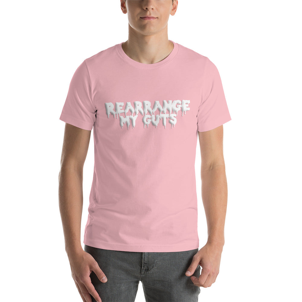 Shop the 'Rearrange My Guts' unisex t-shirt, a vibrant and empowering fashion choice for gay bottoms and individuals within the LGBTQ community.