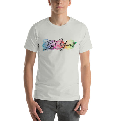 Stand tall and proud with the 'Be Yourself' unisex t-shirt by Moody Booty Apparel, displaying the vivid gay pride colors. Embrace your authentic self and support LGBTQ pride with this trendy shirt.