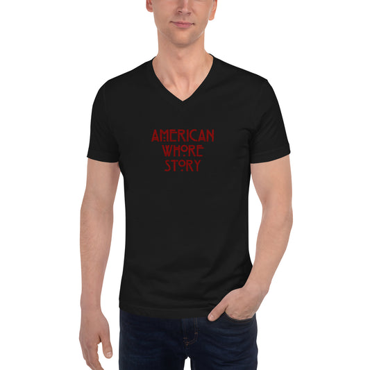 Unisex V-neck T-shirt by Moody Booty Apparel featuring 'American Whore Story' distressed red lettering. Trendy LGBTQ-themed graphic tee with irreverent humor, perfect for gay, queer, and LGBTQ individuals. Make a bold statement with this fashionable and inclusive design.