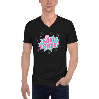 Shop the 'Hey Gurl Power' unisex short sleeve V-neck T-shirt, a vibrant and empowering fashion choice for gay men and the LGBTQ community. Make a bold statement with this inclusive and stylish tee.
