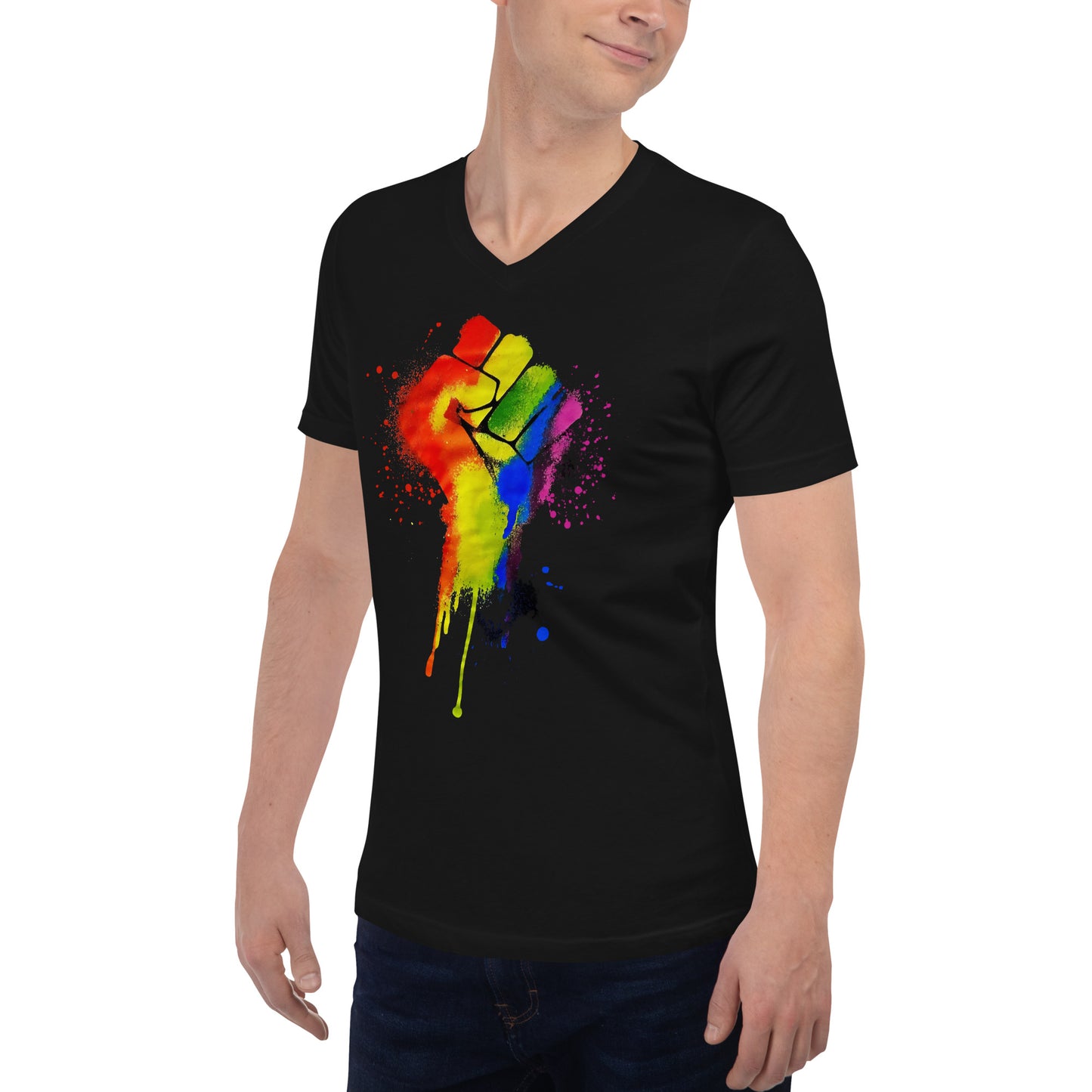 LGBTQ+ Pride Fist - Unisex Short Sleeve V-Neck T-Shirt