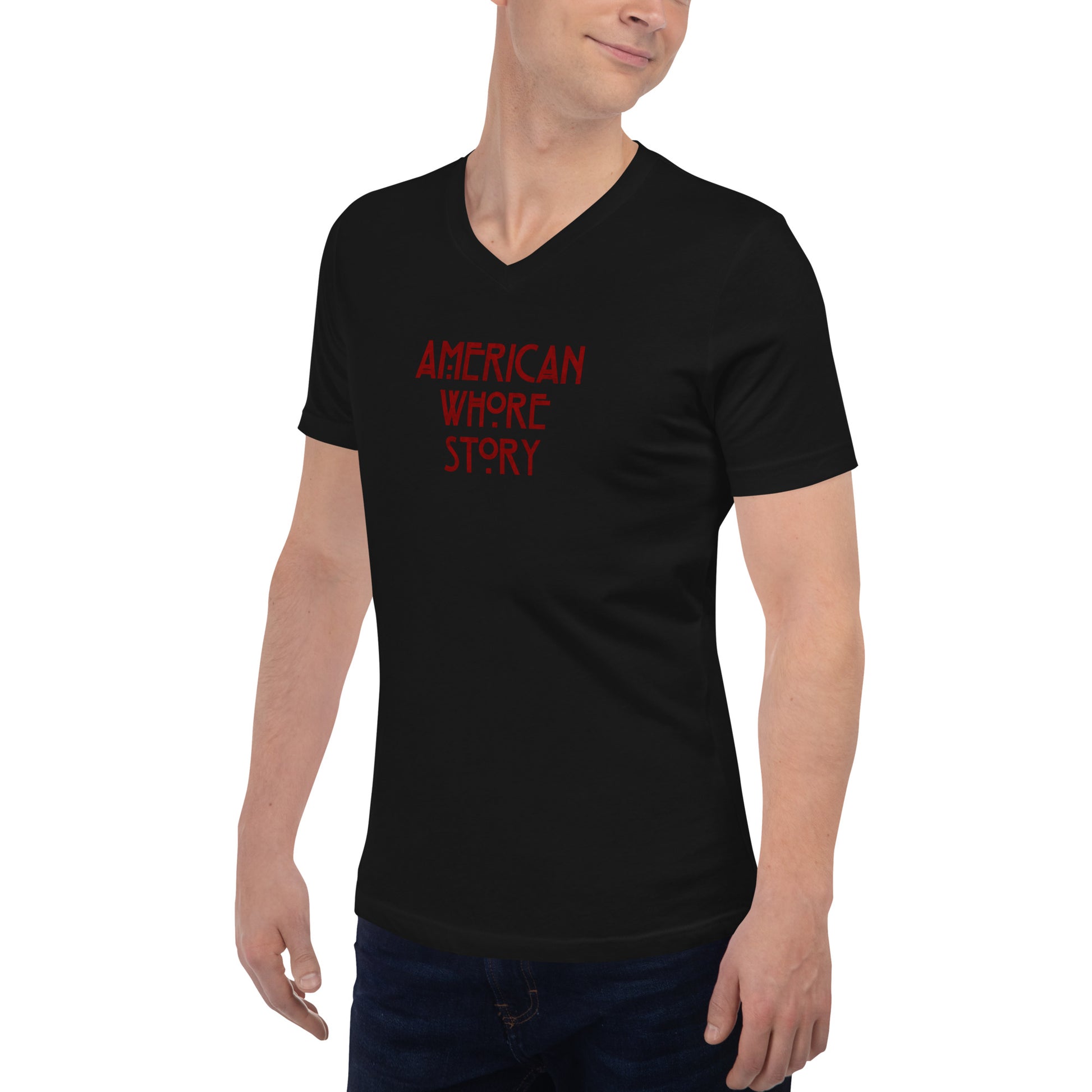 Discover the edgy 'American Whore Story' distressed red lettering unisex V-neck T-shirt from Moody Booty Apparel. Unleash your irreverent side with this LGBTQ-themed graphic shirt. Stand out and show your pride with this bold and fashionable piece of clothing.