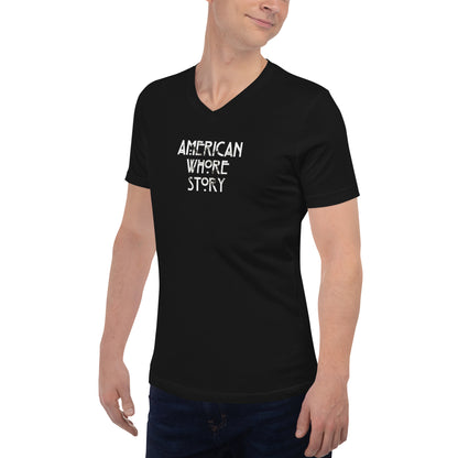 Discover the edgy 'American Whore Story' distressed white lettering unisex V-neck T-shirt from Moody Booty Apparel. Unleash your irreverent side with this LGBTQ-themed graphic shirt. Stand out and show your pride with this bold and fashionable piece of clothing.