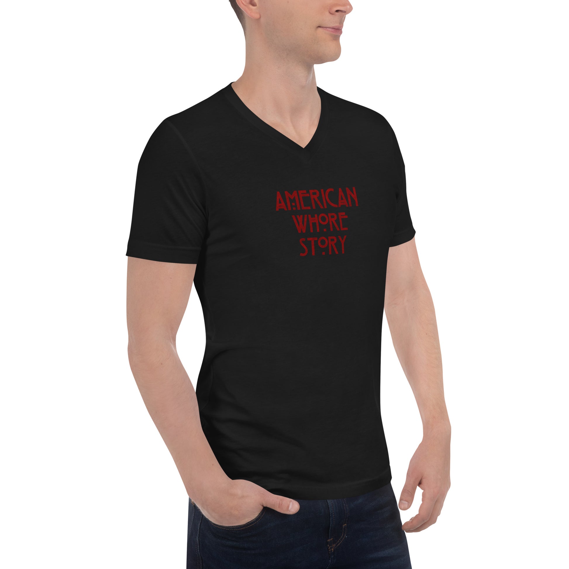 Unisex V-neck T-shirt by Moody Booty Apparel featuring 'American Whore Story' distressed red lettering. Trendy LGBTQ-themed graphic tee with irreverent humor, ideal for gay, queer, and LGBTQ individuals. Make a bold fashion statement with this inclusive and stylish design.