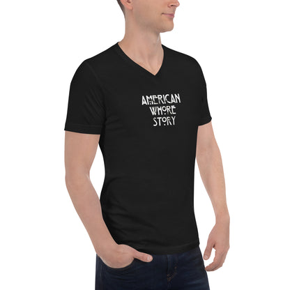 Shop the 'American Whore Story' distressed white lettering unisex V-neck T-shirt by Moody Booty Apparel. Embrace irreverent humor and LGBTQ pride with this trendy graphic tee. Perfect for those seeking unique and inclusive fashion choices.